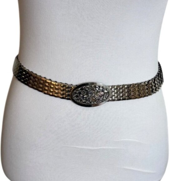 Retro Mermaid Scale Stretch Belt Size L to XL Silver Floral Buckle VTG 80s Cinch - Picture 13 of 13